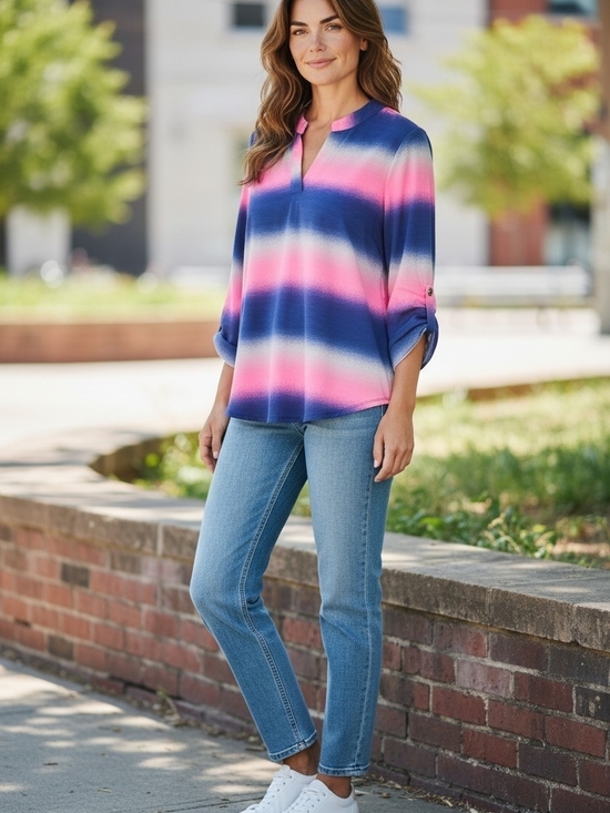 Dear Scarlett Tops - Dear Scarlett Ombre Stripe Tunic - Pink, Navy & White